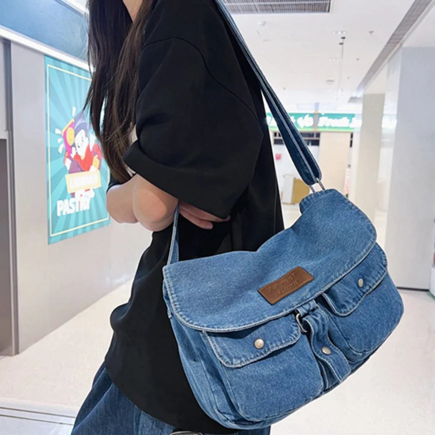 Malaysia | Spacious Multi-pocket Trendy Denim Crossbody Messenger Bag