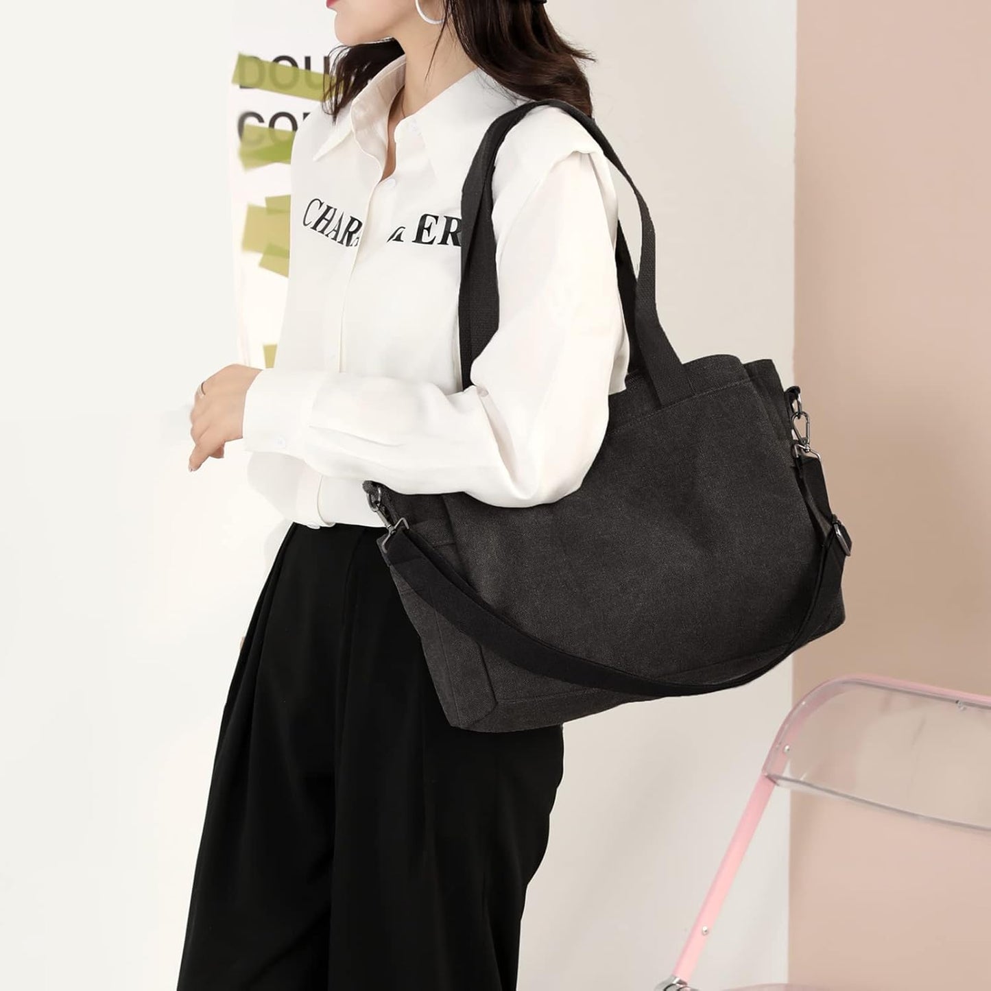 Nyomi | Multi-Pocket Canvas Crossbody Tote Bag