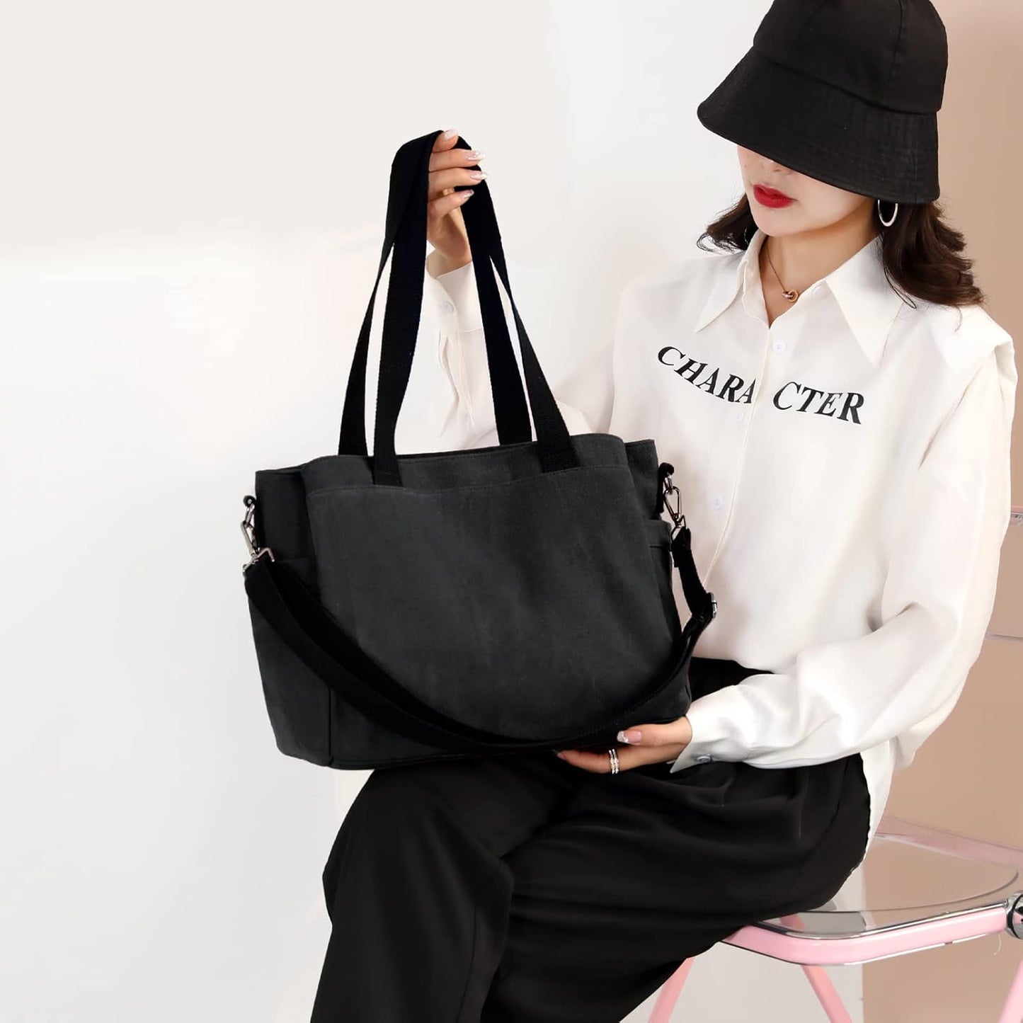 Nyomi | Multi-Pocket Canvas Crossbody Tote Bag