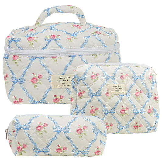 Elisse | Elegant Quilted Floral Design Makeup Pouch Set